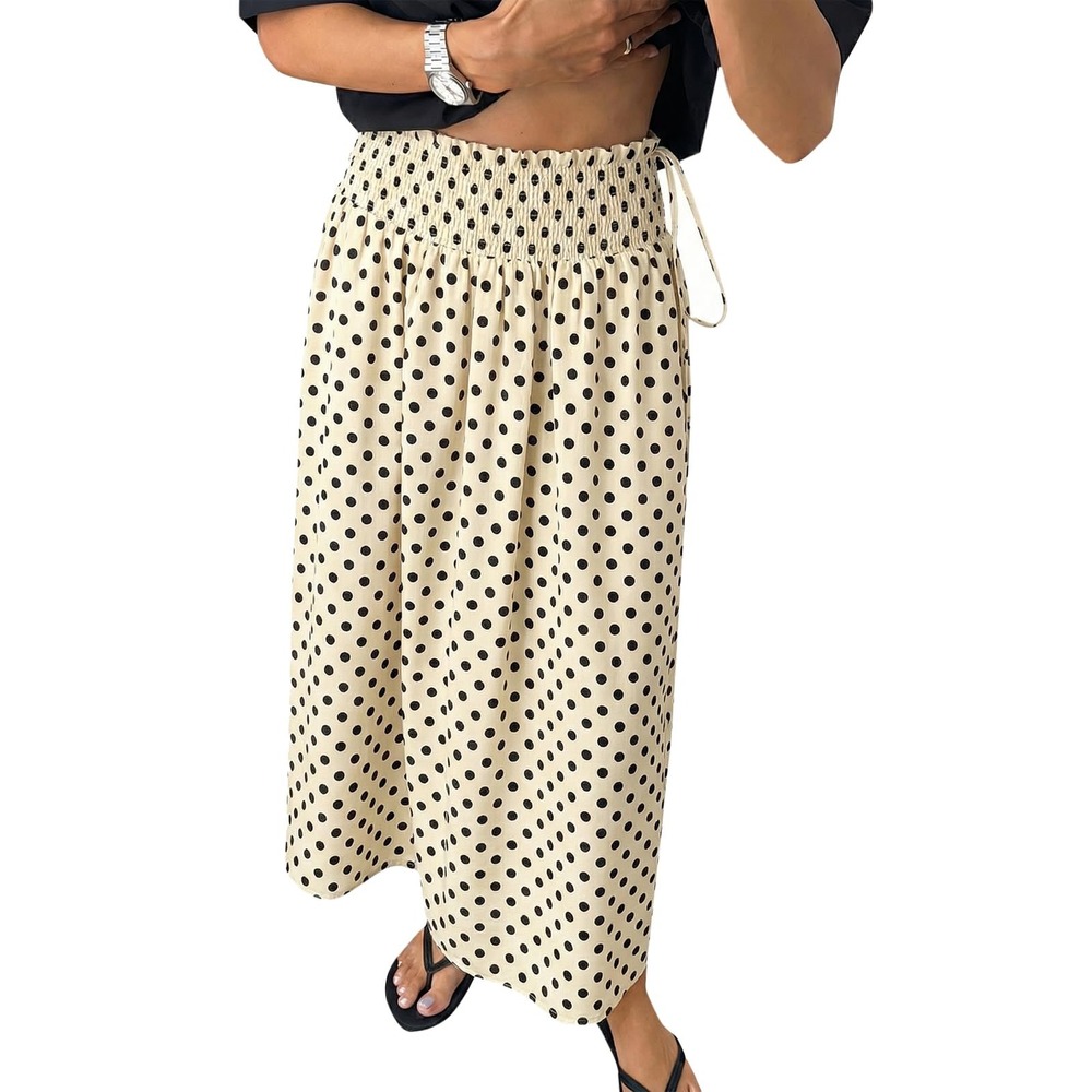NWT Tankaneo Womens Polka Dot Maxi Skirt Boho Smocked High Waisted Tie Beige LG